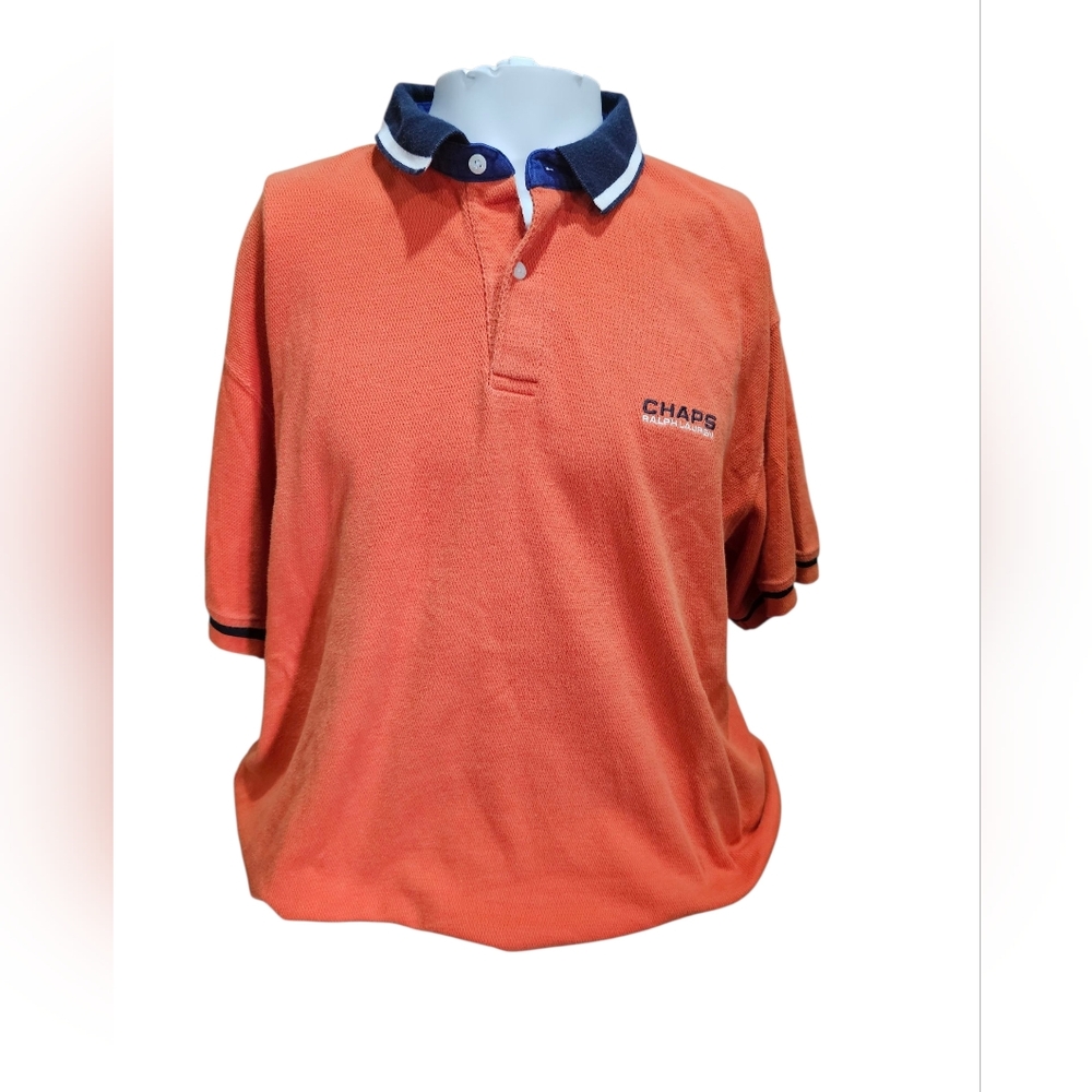 Vintage Chaps Ralph Lauren Rugby Polo XXL Orange Blue Collar 100% Cotton Preppy‎
